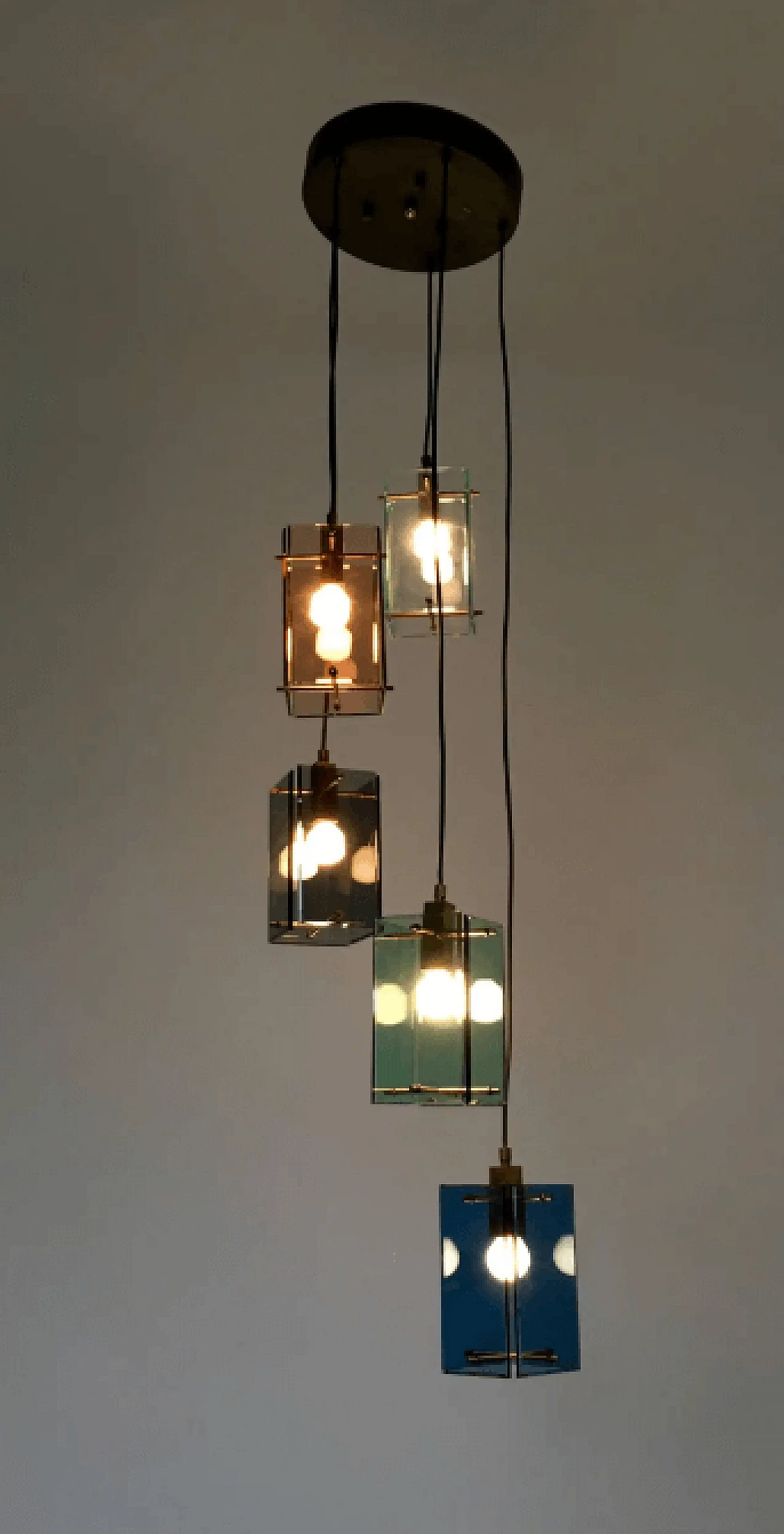 Five-light stained glass chandelier in the style of Fontana Arte, 1960s 2