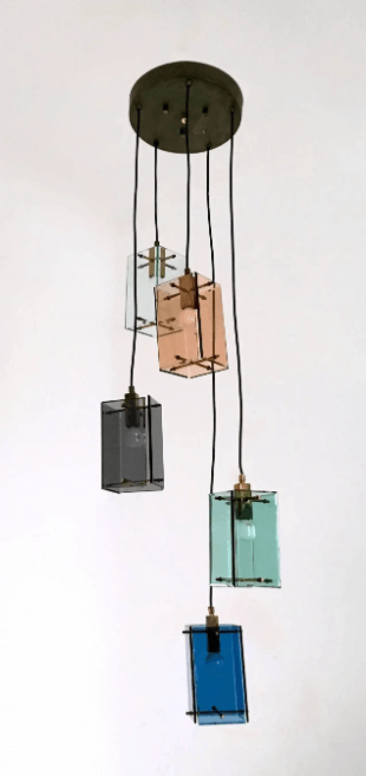 Five-light stained glass chandelier in the style of Fontana Arte, 1960s 3