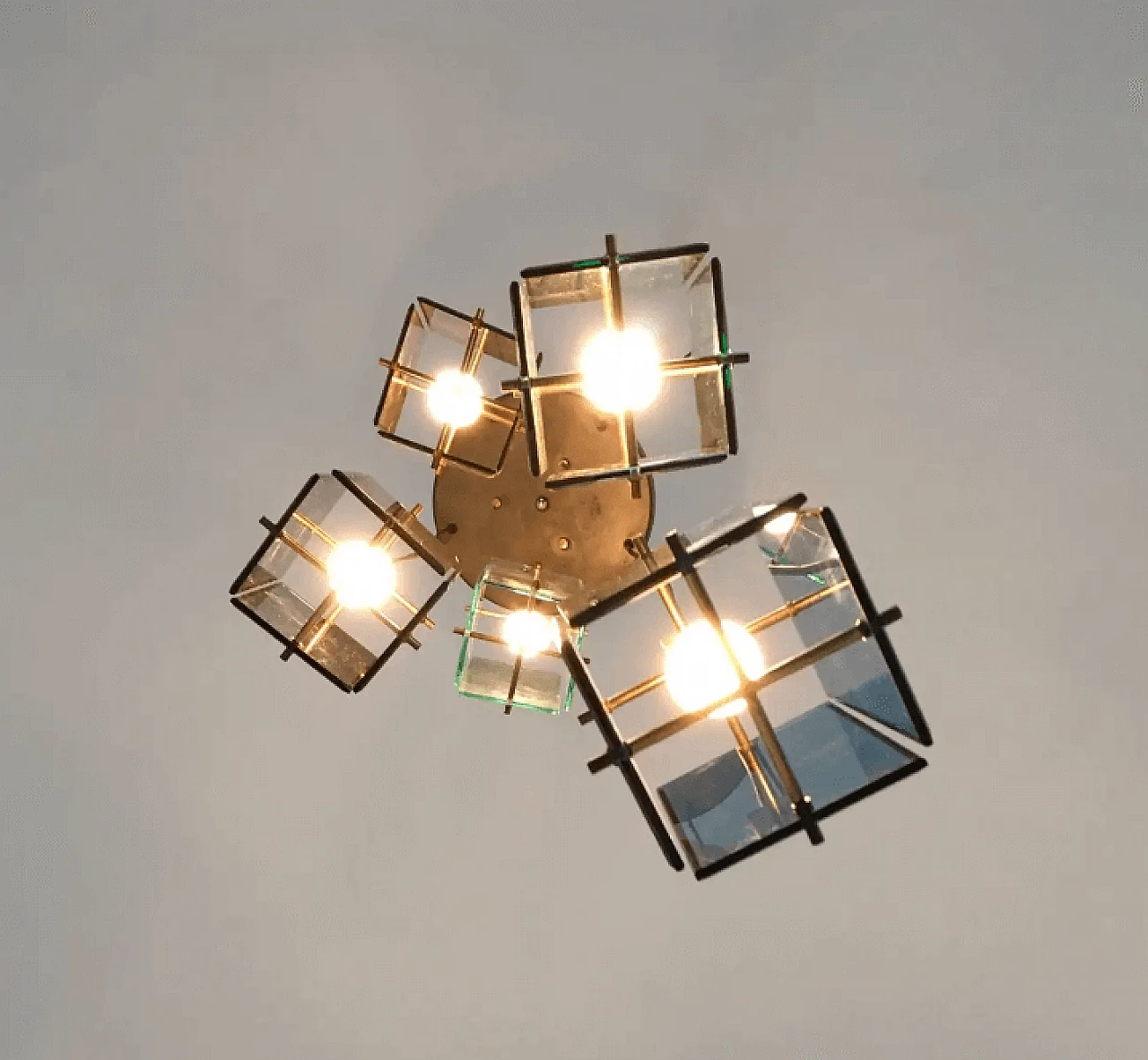 Five-light stained glass chandelier in the style of Fontana Arte, 1960s 4