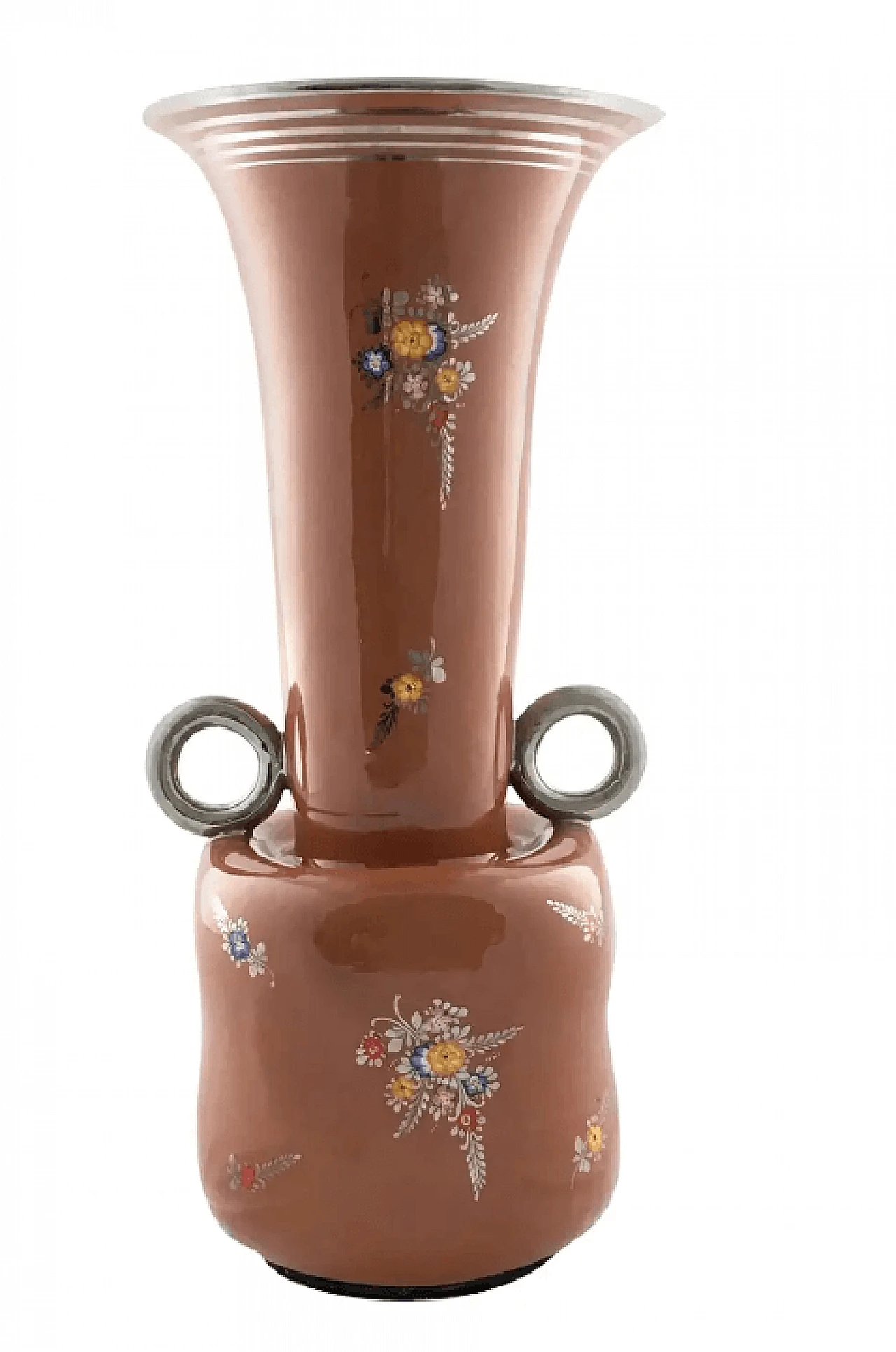 Brown lacquered and hand-painted terracotta vase from Deruta, 1940s 1