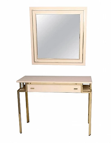 Consolle in formica rosa pallido e ottone con specchio a parete, anni '70