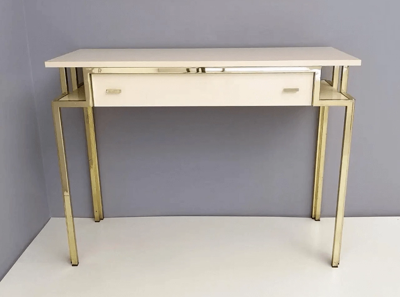 Consolle in formica rosa pallido e ottone con specchio a parete, anni '70 5