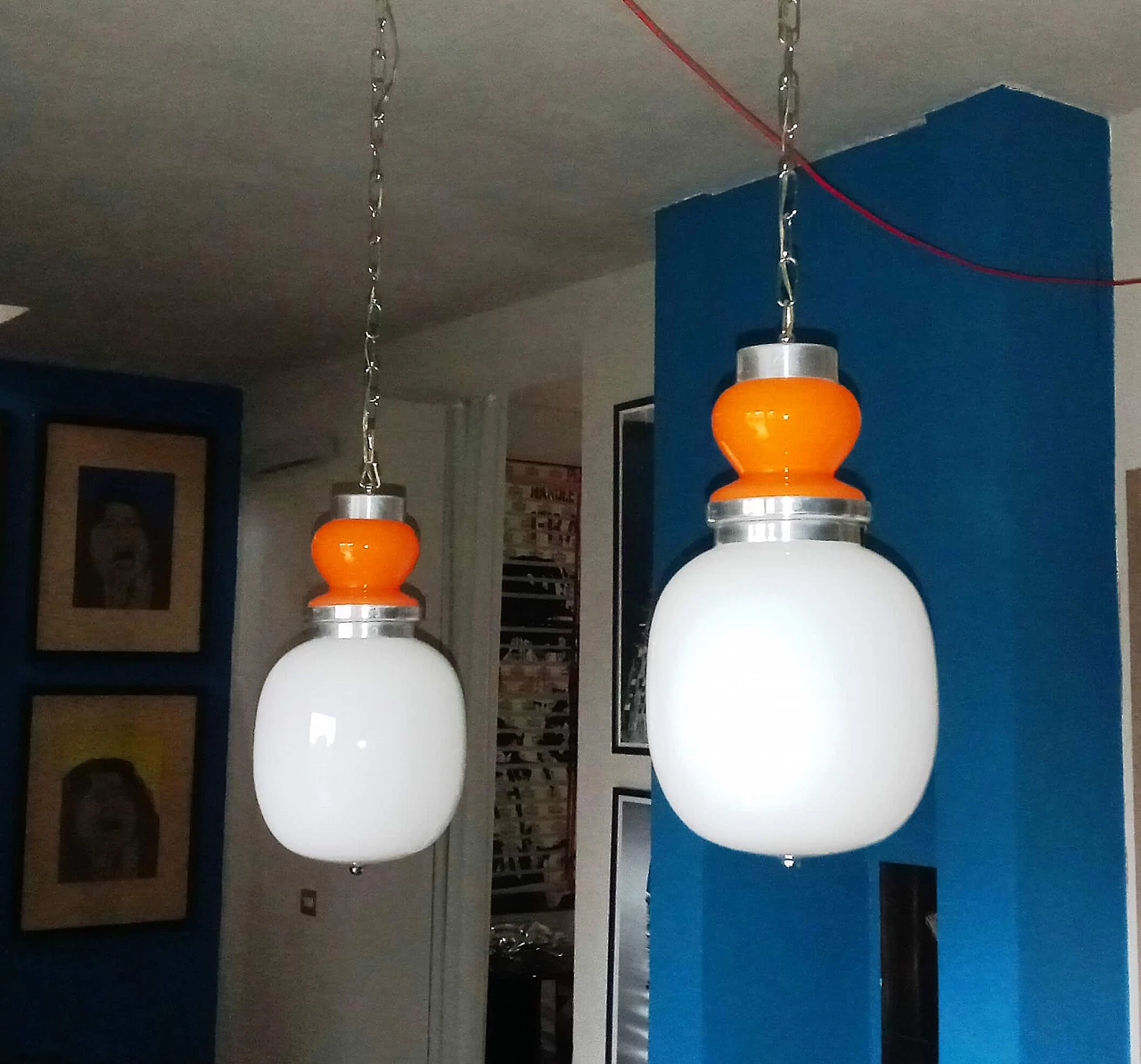 Pair of glass and metal pendant lamps, 1970s 1