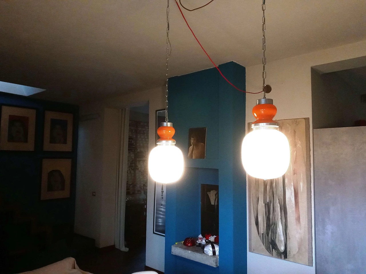 Pair of glass and metal pendant lamps, 1970s 2