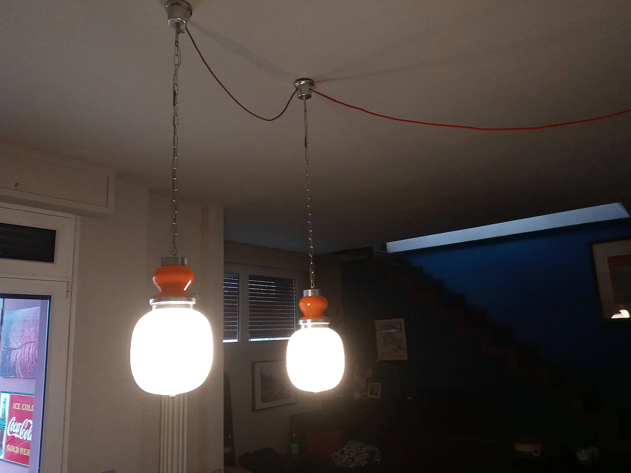Pair of glass and metal pendant lamps, 1970s 4