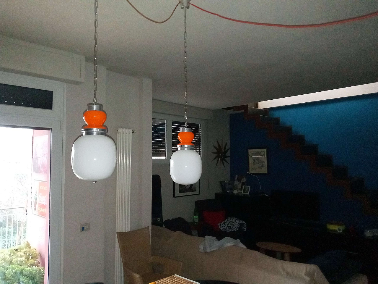 Pair of glass and metal pendant lamps, 1970s 5