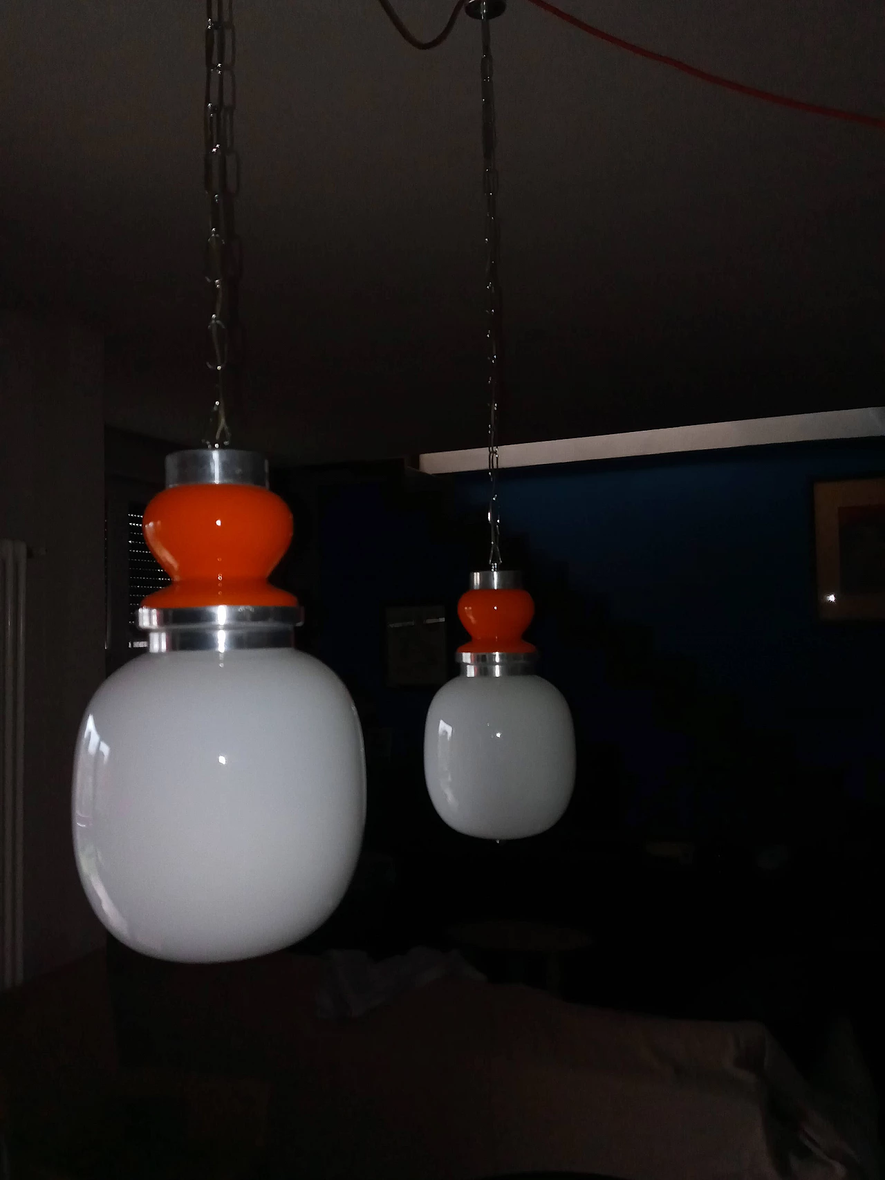 Pair of glass and metal pendant lamps, 1970s 6
