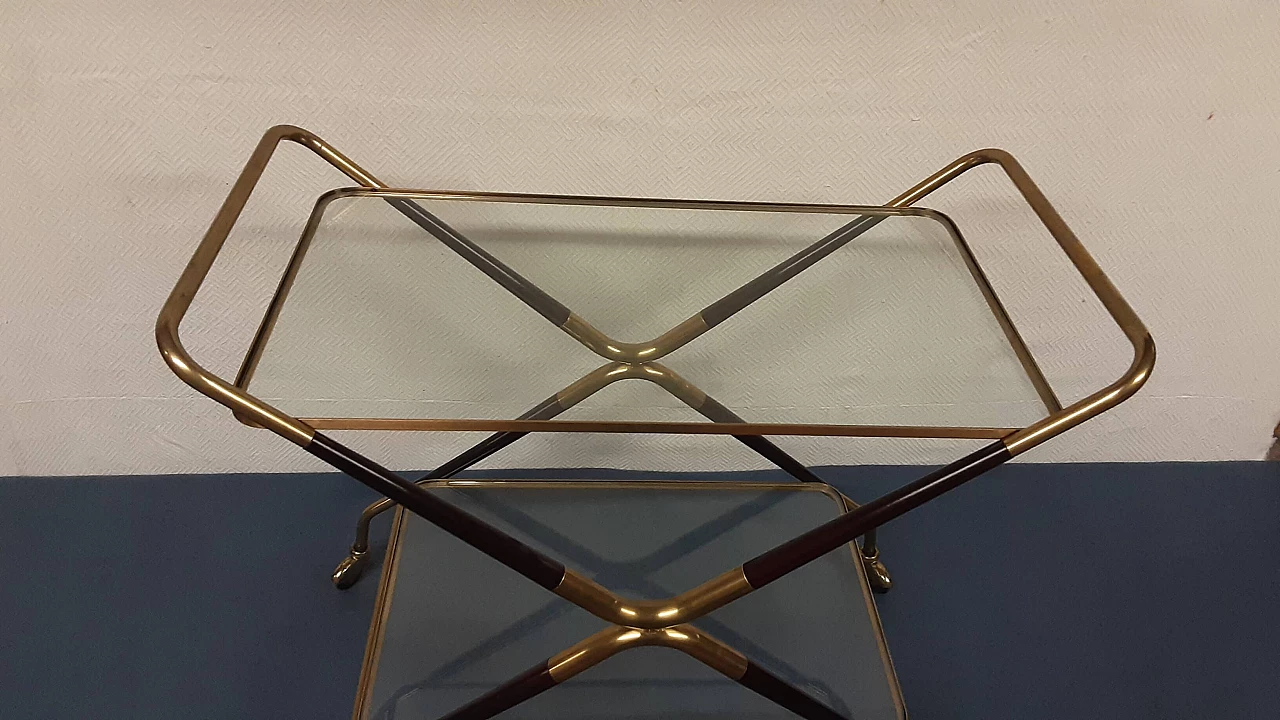Carrello in legno, ottone e vetro, anni '50 4