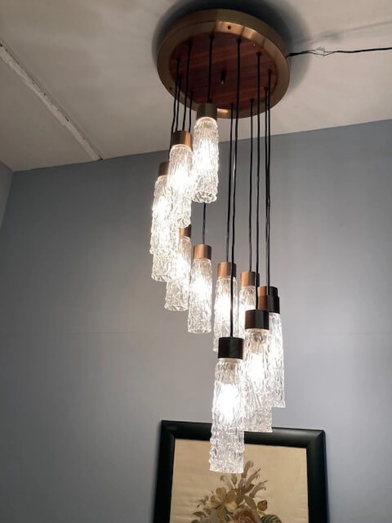 Metal, teak and Murano glass chandelier, 1970s 2