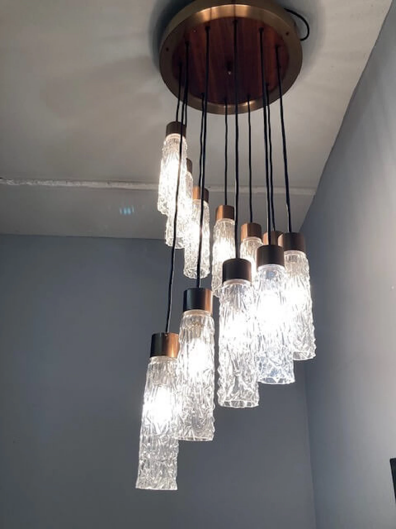 Metal, teak and Murano glass chandelier, 1970s 3