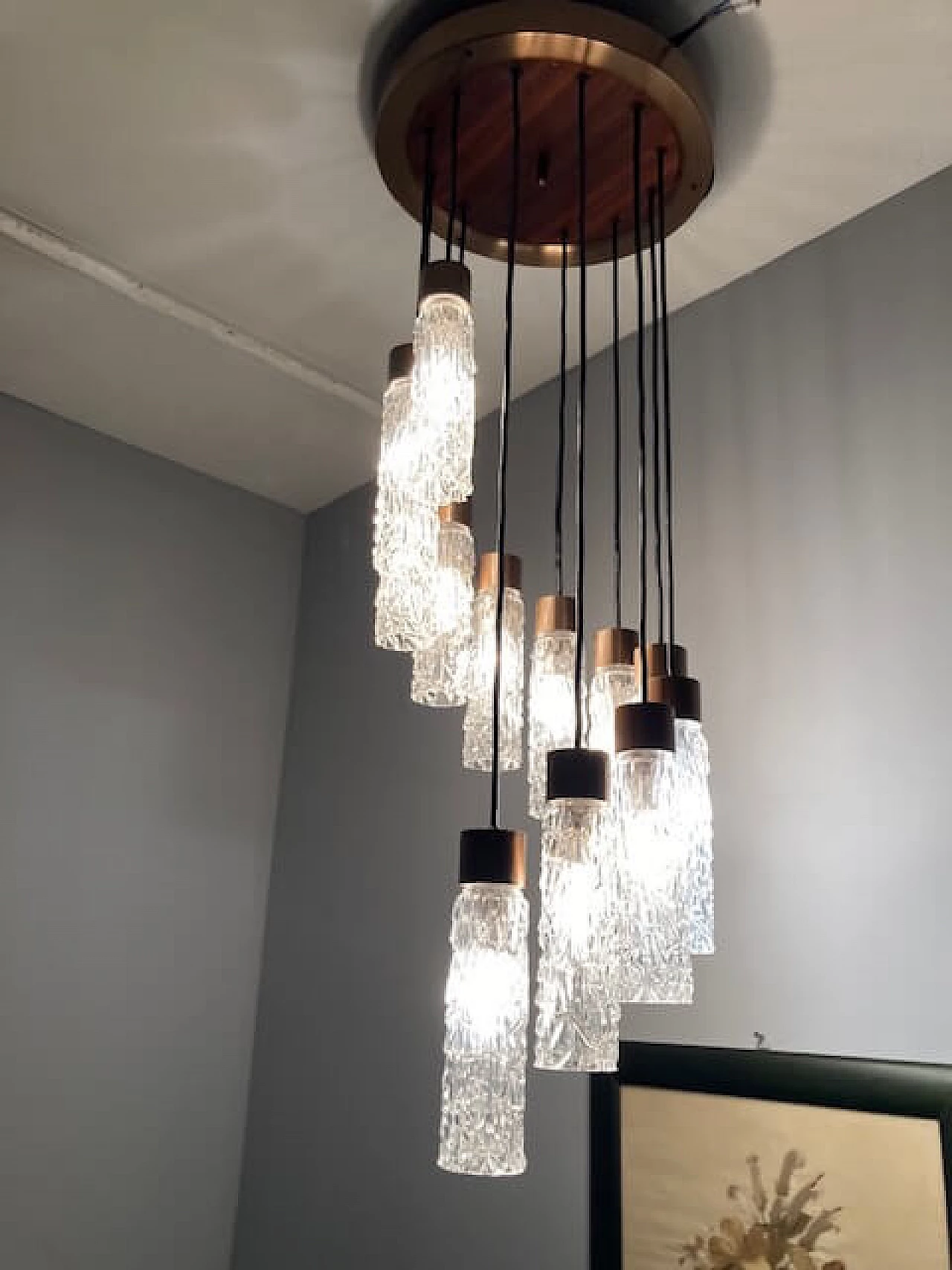 Metal, teak and Murano glass chandelier, 1970s 8