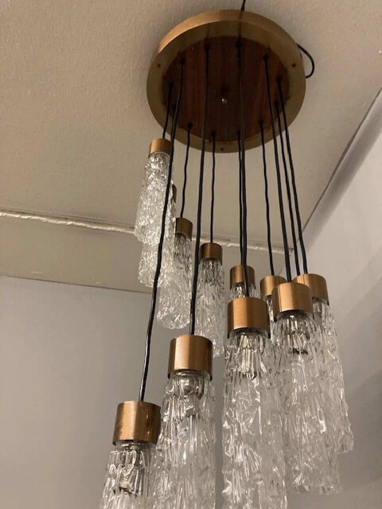 Metal, teak and Murano glass chandelier, 1970s 10