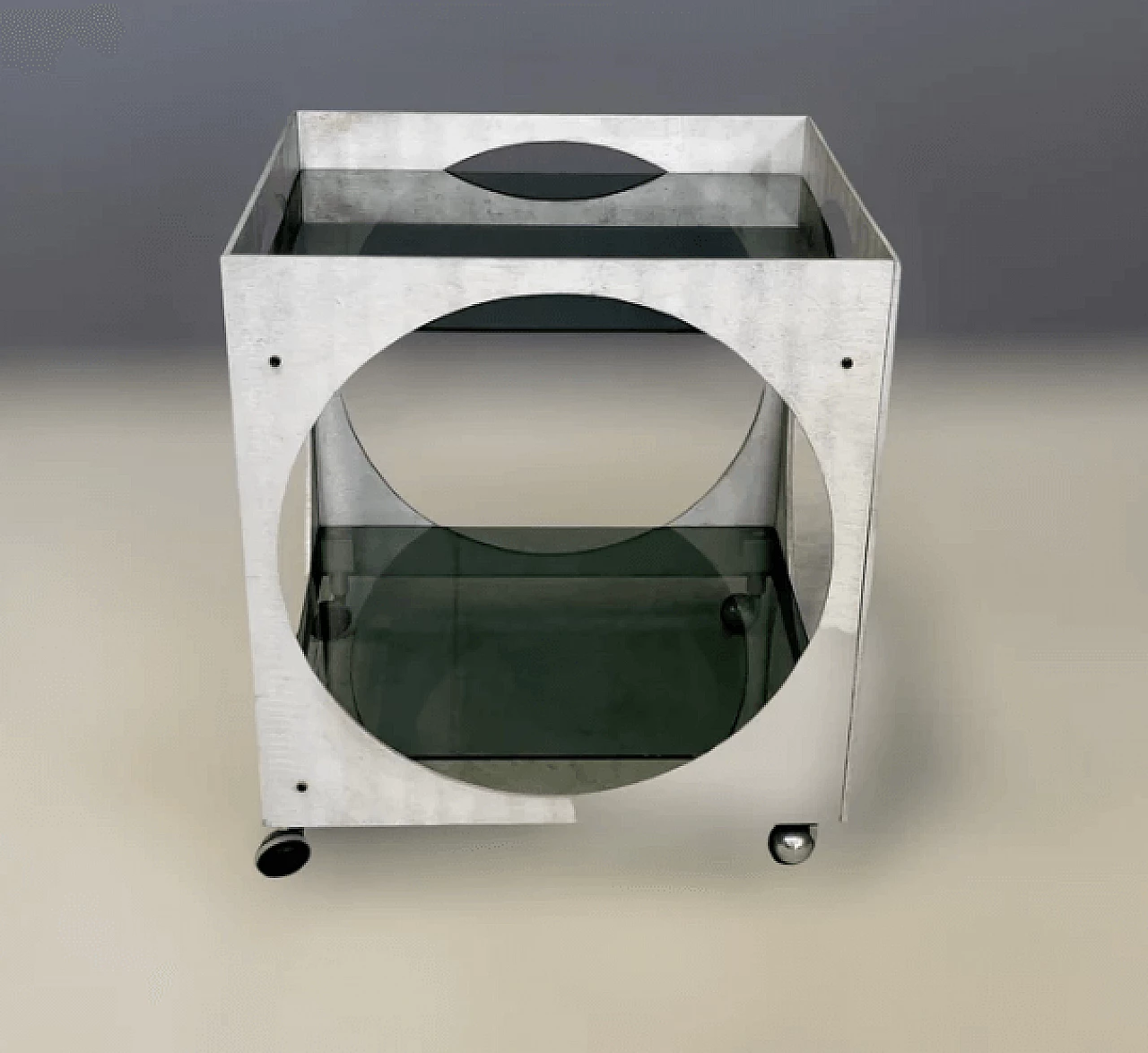 Tavolino con rotelle in alluminio e vetro di Lorenzo Burchiellaro, anni '70 2