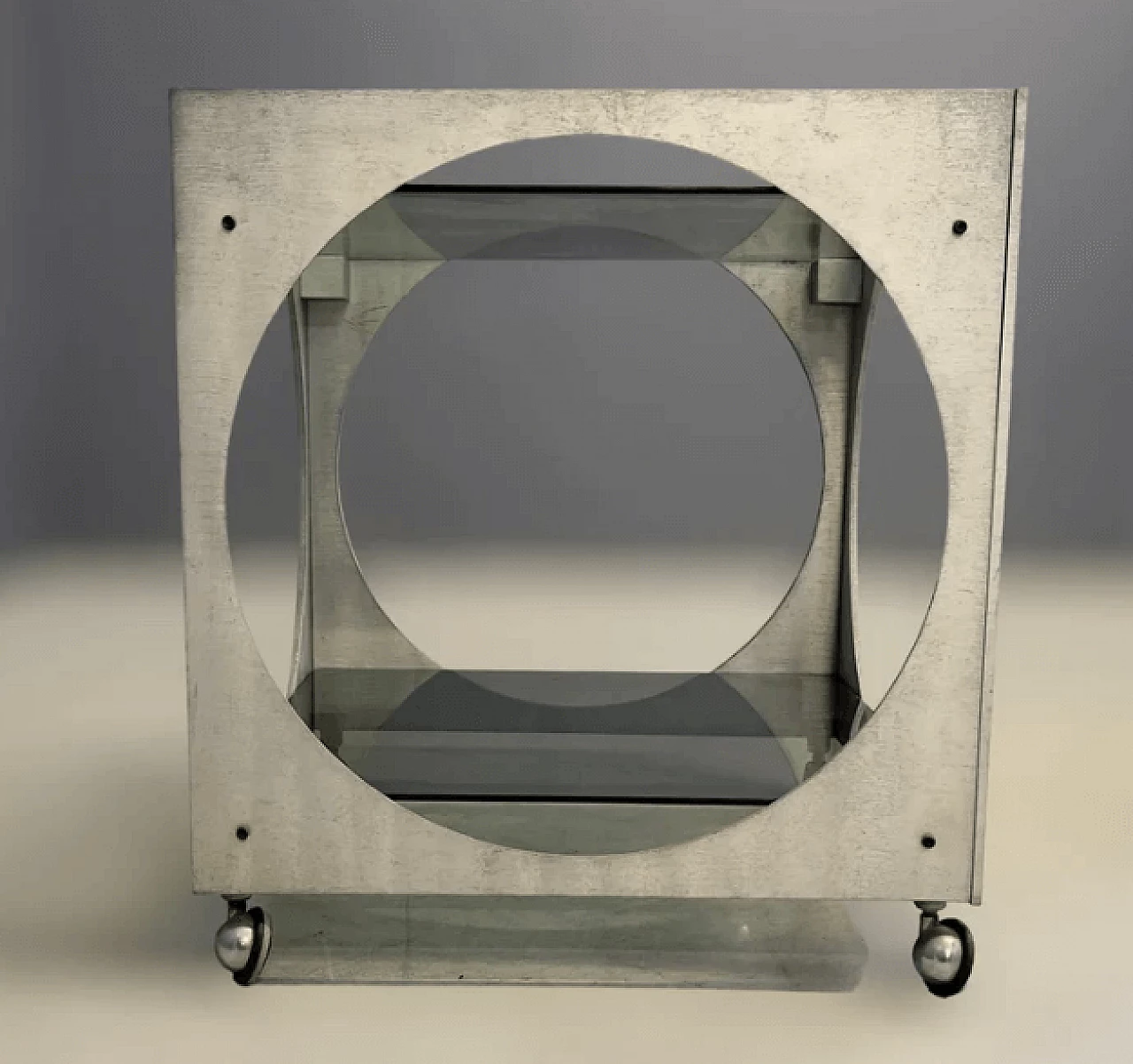 Tavolino con rotelle in alluminio e vetro di Lorenzo Burchiellaro, anni '70 4