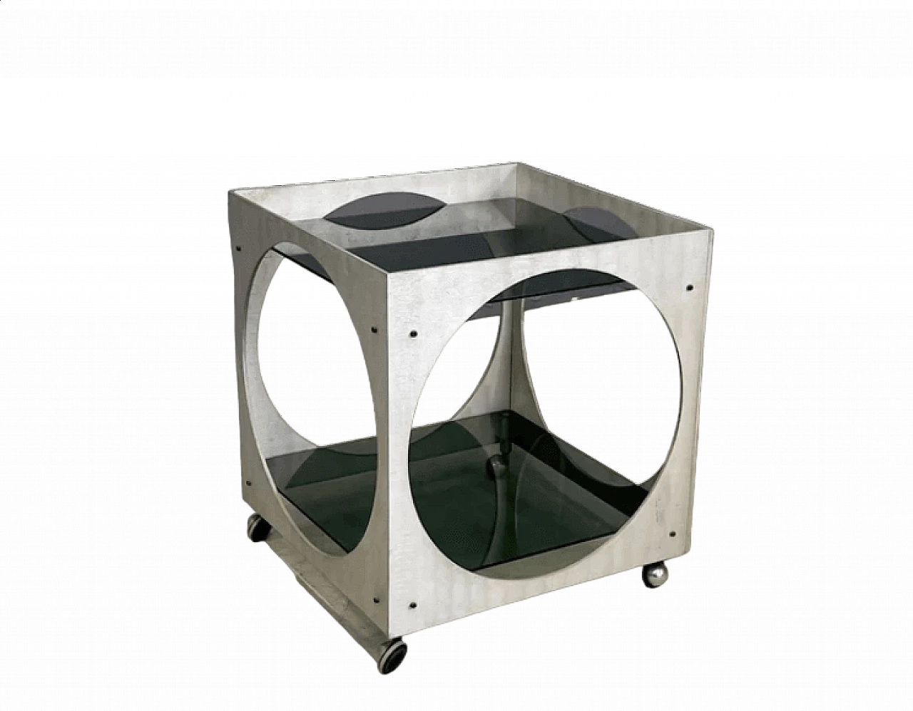 Tavolino con rotelle in alluminio e vetro di Lorenzo Burchiellaro, anni '70 6