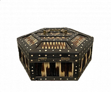 Oriental jewellery box made of ebonised wood and porcupine needles with bone inlay