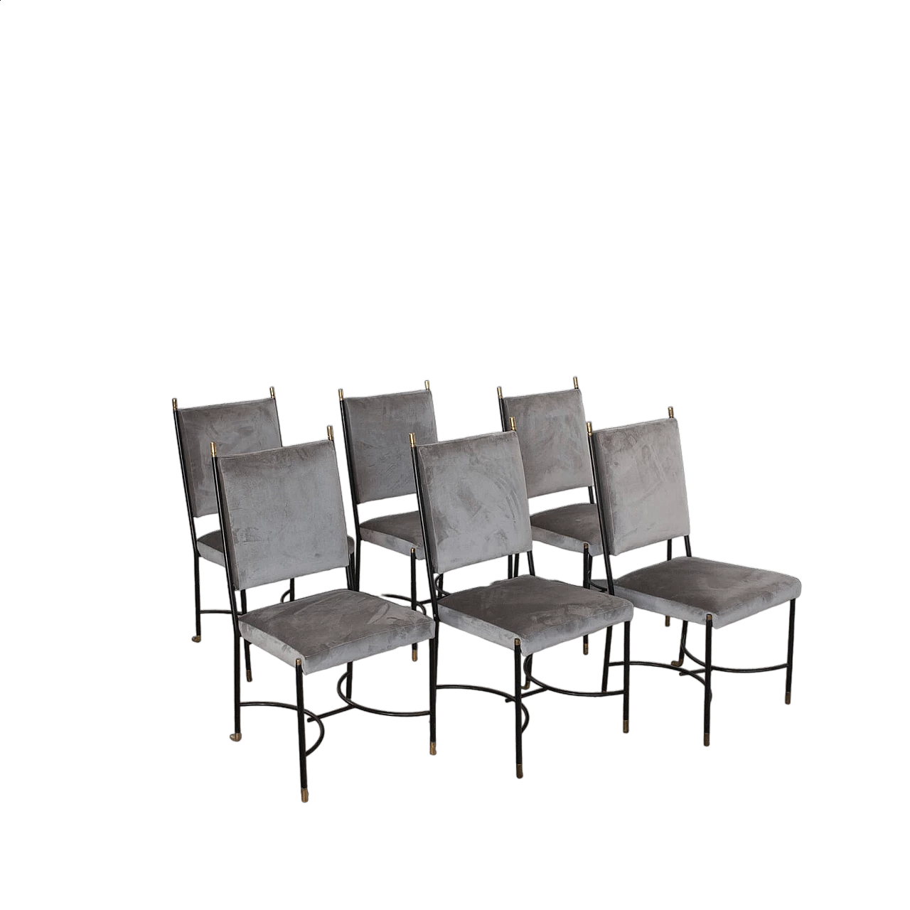 6 Chairs in iron, brass and velvet attributed to Luigi Caccia Dominioni, 1960s 15