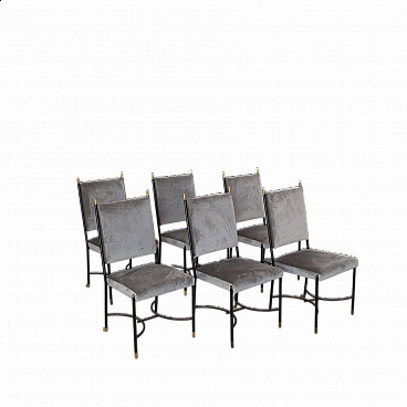 6 Sedie in ferro, ottone e velluto attribuite a Luigi Caccia Dominioni, anni '60