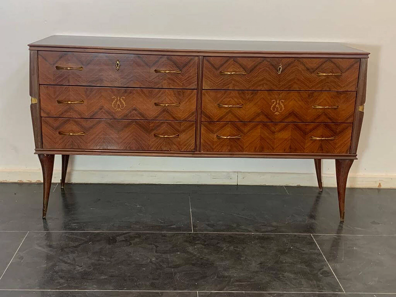Rosewood chest of drawers with brass details, 1950s 5