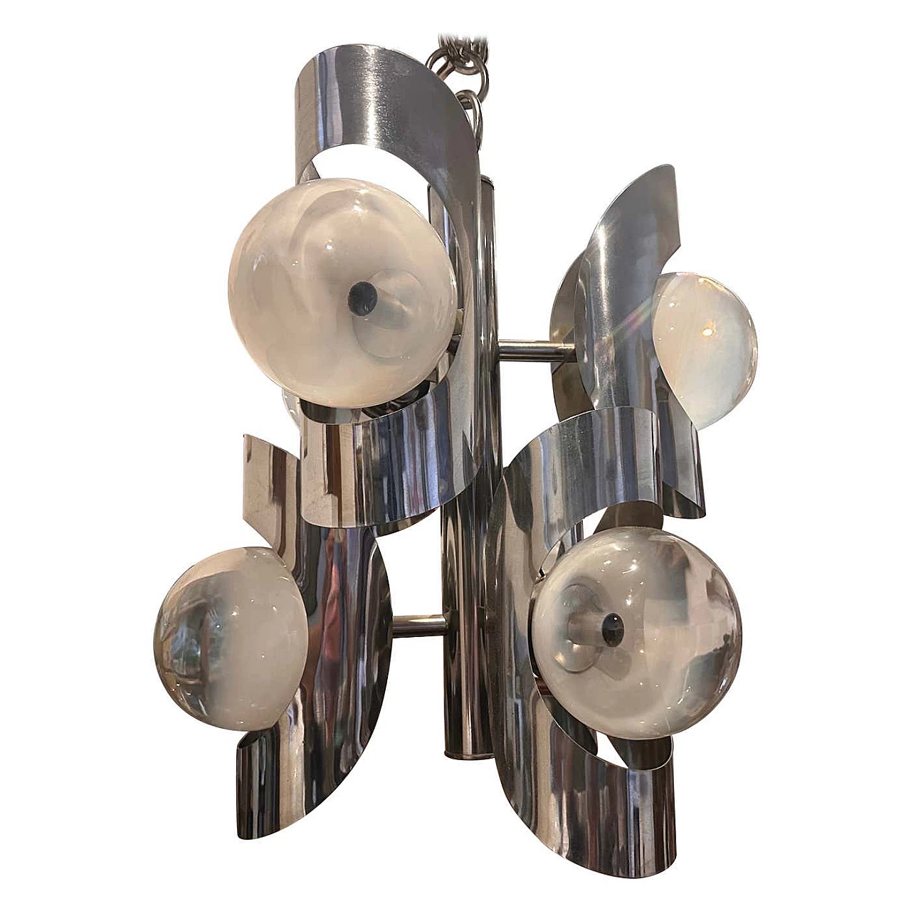 Space Age chandelier in chrome-plated steel and Murano glass by Mazzega, 1970s 1