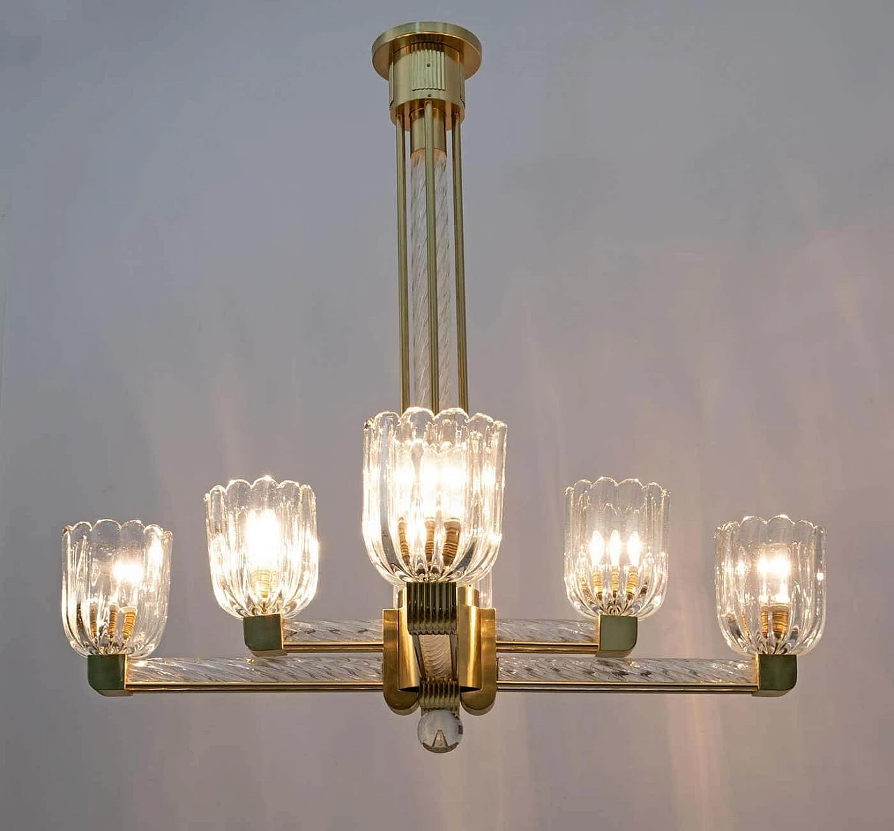 Lampadario in vetro di Murano e ottone di Barovier & Toso per Sciolari, anni '30 3