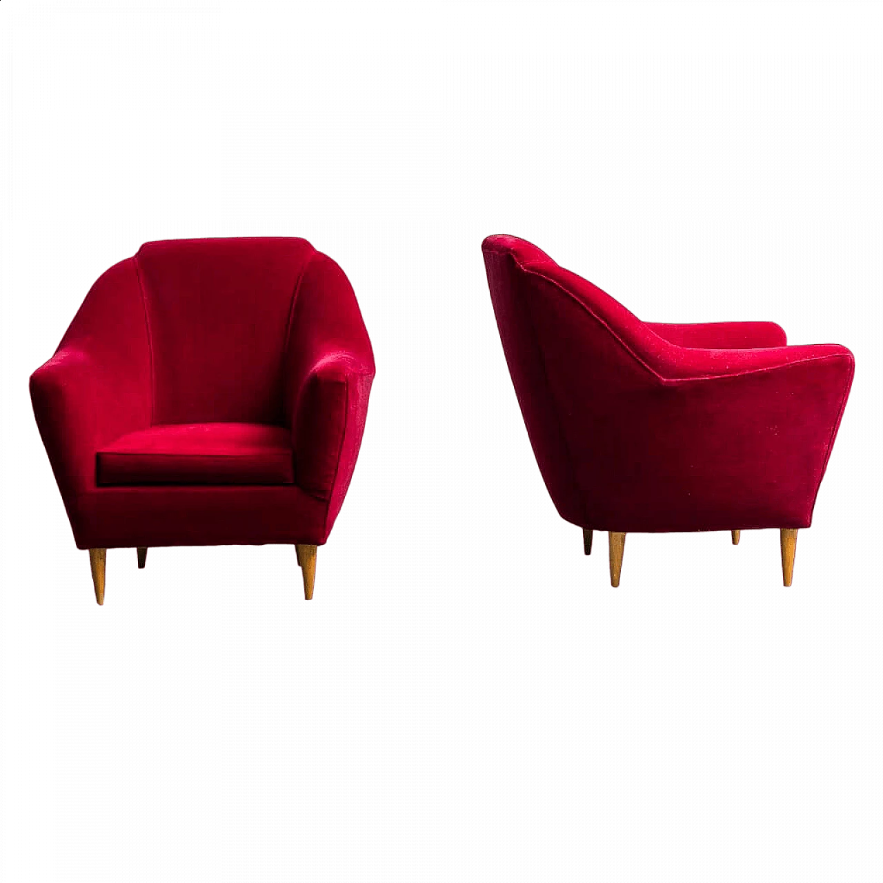 Pair of red velvet armchairs in the style of Ico Parisi, 1950s 13