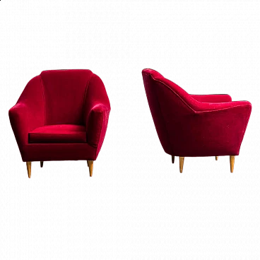 Pair of red velvet armchairs in the style of Ico Parisi, 1950s