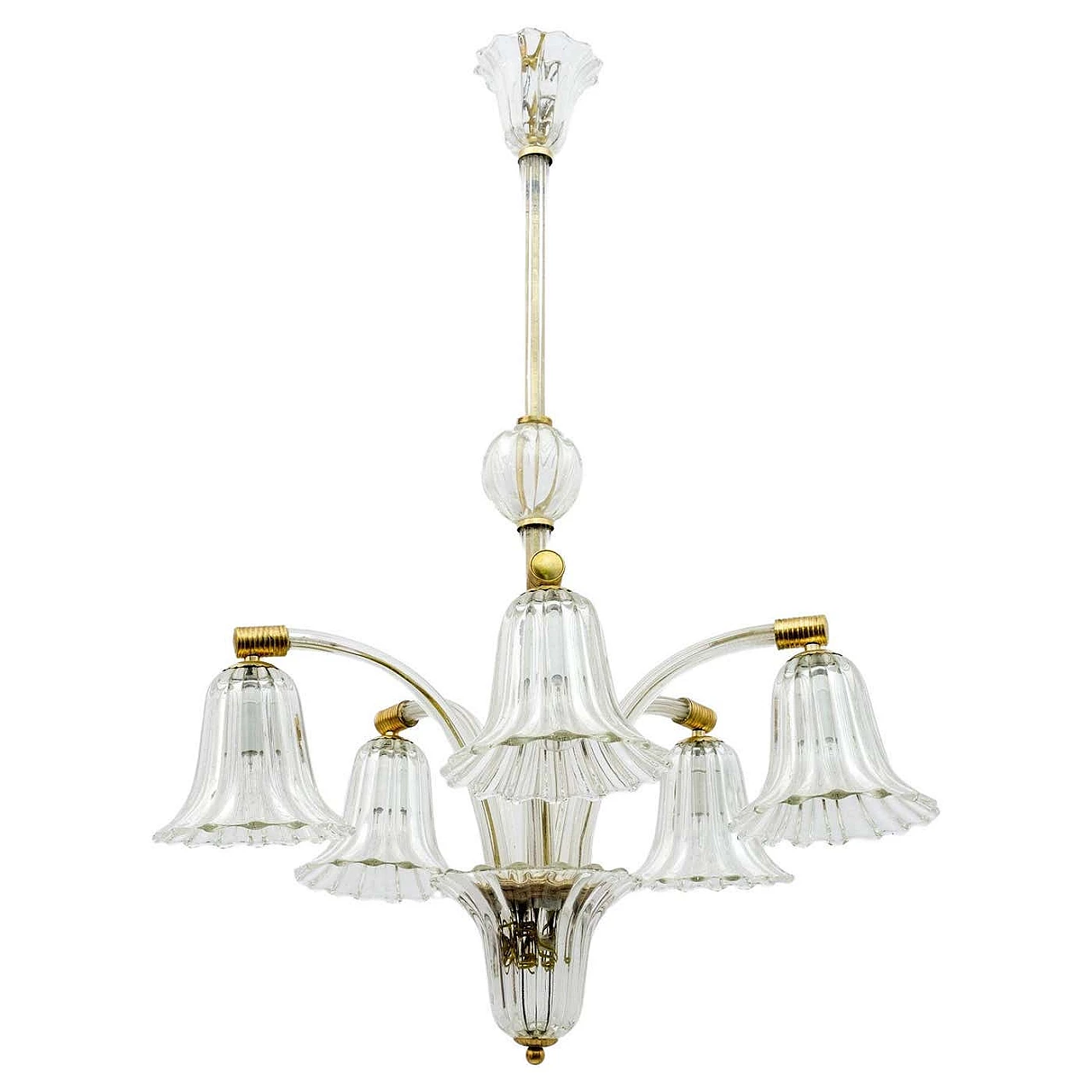 Art Deco Murano glass and brass chandelier by Ercole Barovier, 1940s 1