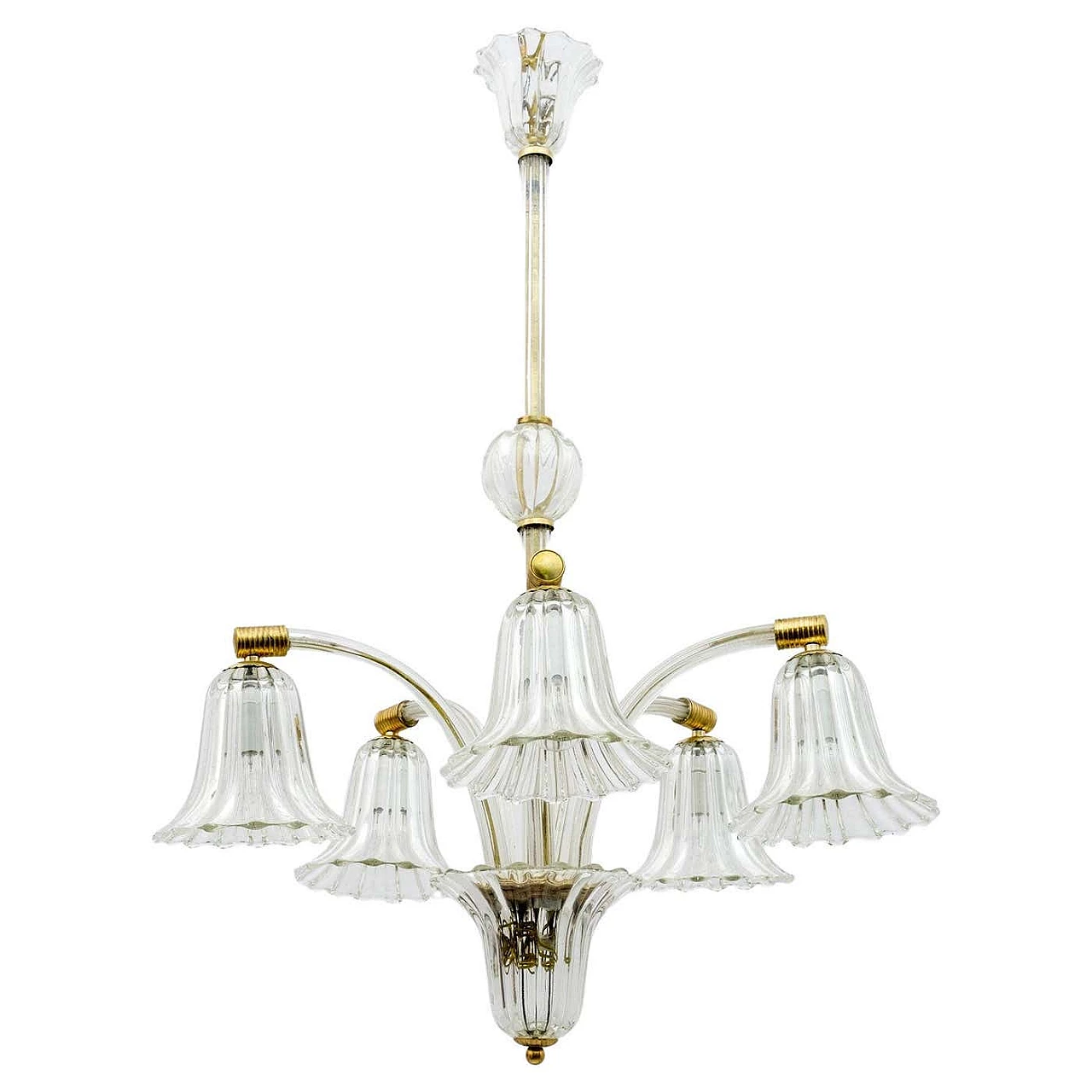 Lampadario Art Deco in vetro di Murano e ottone di Ercole Barovier, anni '40 1