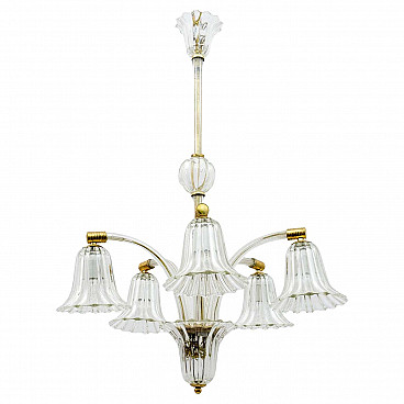 Art Deco Murano glass and brass chandelier by Ercole Barovier, 1940s