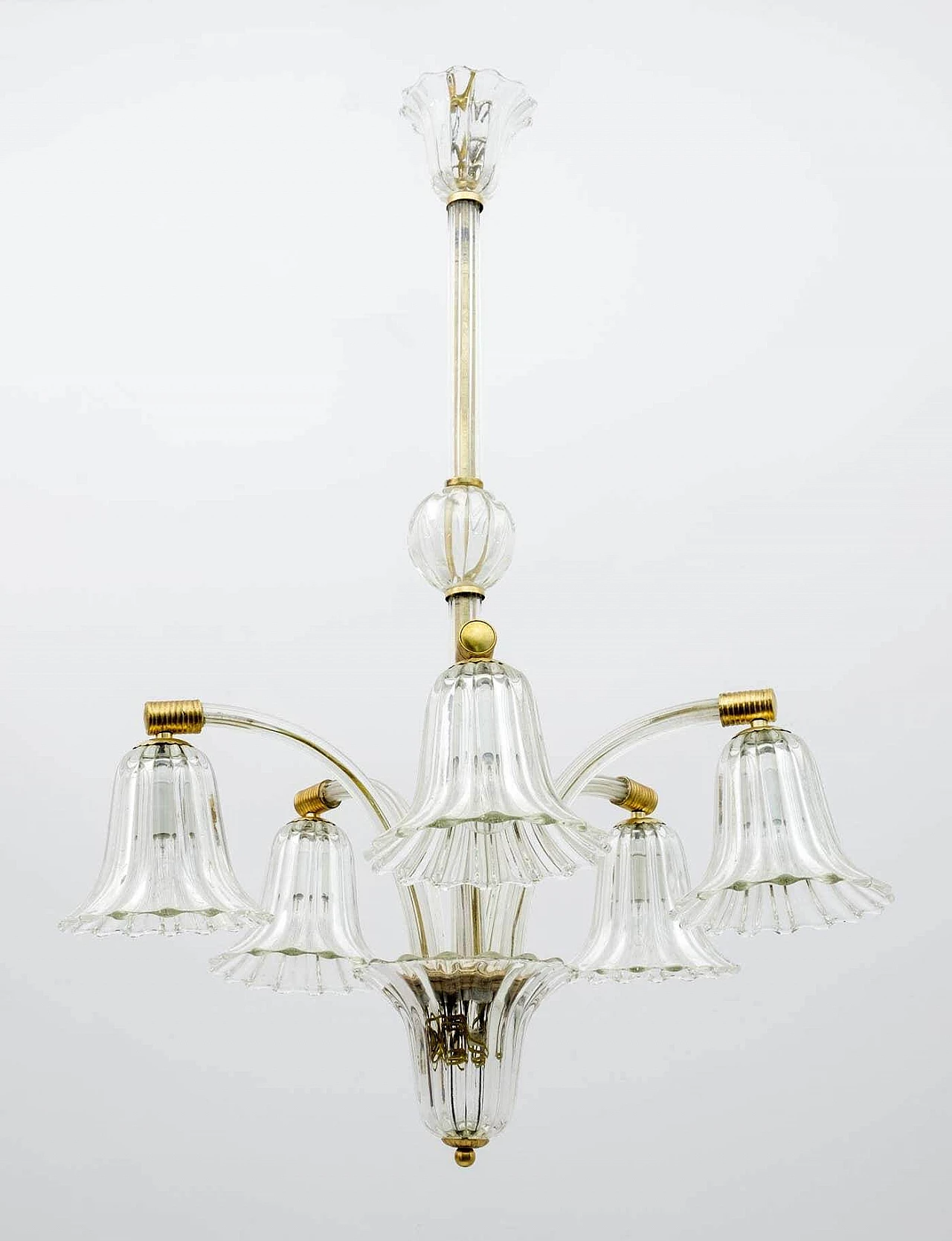 Art Deco Murano glass and brass chandelier by Ercole Barovier, 1940s 2
