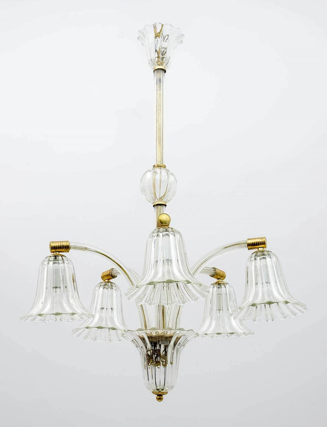 Lampadario Art Deco in vetro di Murano e ottone di Ercole Barovier, anni '40 2