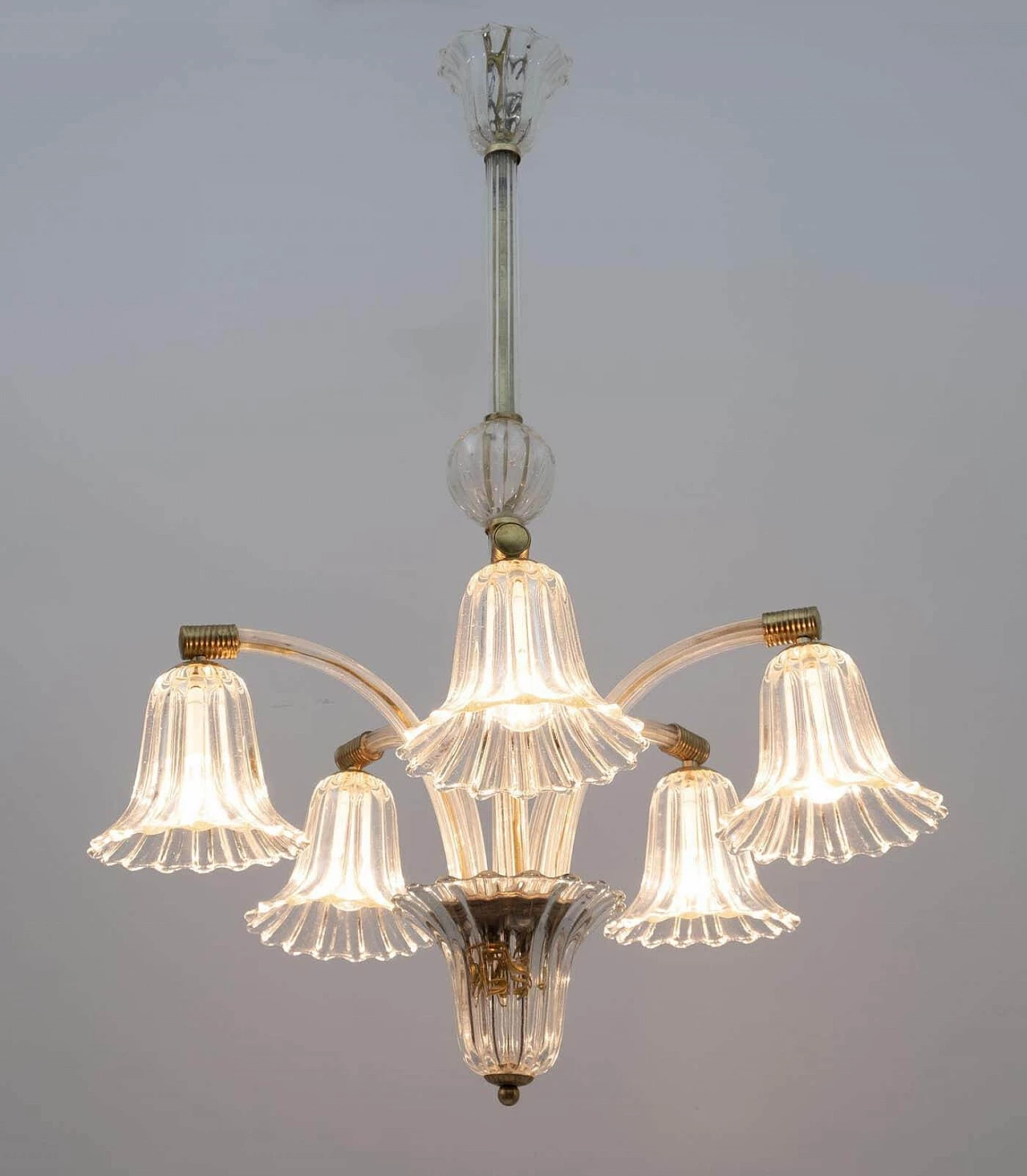 Art Deco Murano glass and brass chandelier by Ercole Barovier, 1940s 3