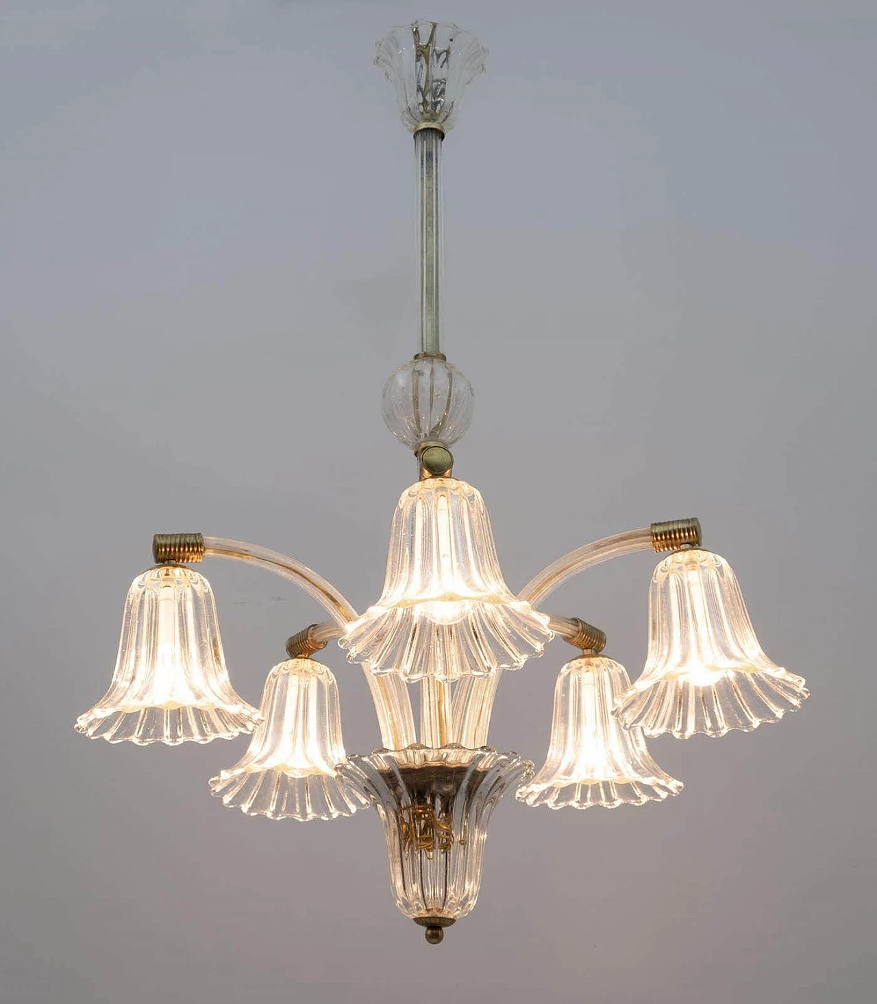 Lampadario Art Deco in vetro di Murano e ottone di Ercole Barovier, anni '40 3