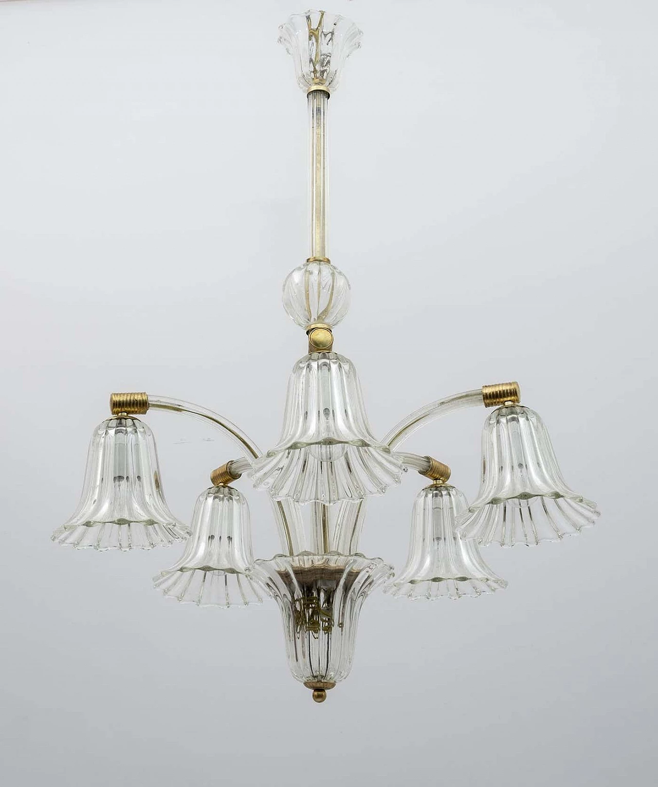 Art Deco Murano glass and brass chandelier by Ercole Barovier, 1940s 4