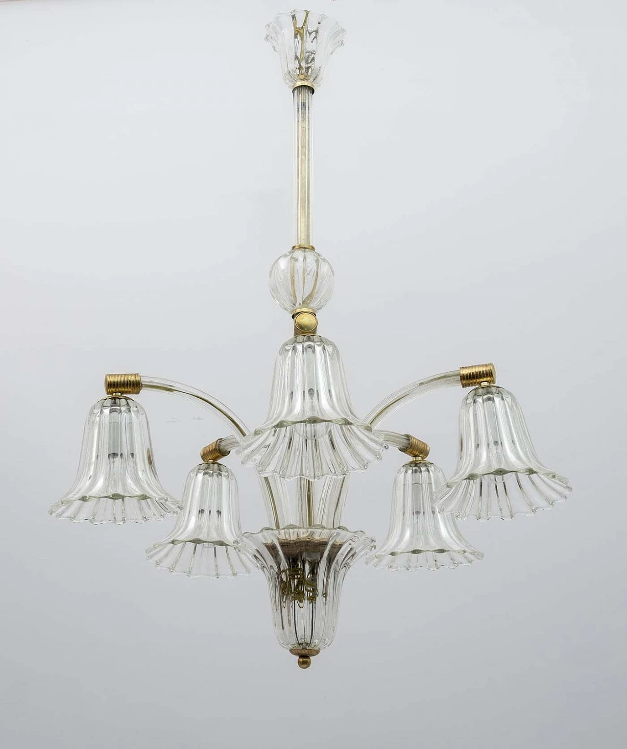 Lampadario Art Deco in vetro di Murano e ottone di Ercole Barovier, anni '40 4