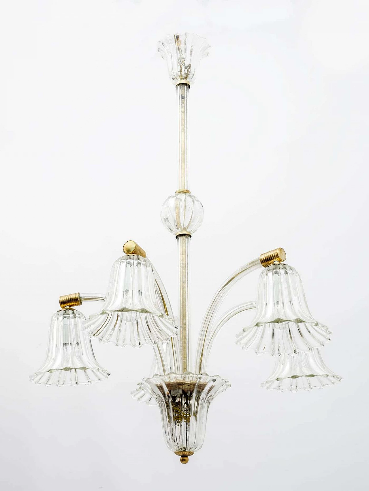 Lampadario Art Deco in vetro di Murano e ottone di Ercole Barovier, anni '40 5