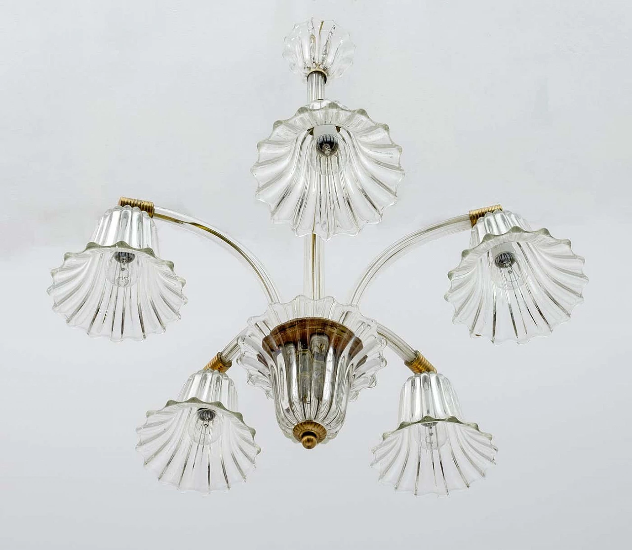 Art Deco Murano glass and brass chandelier by Ercole Barovier, 1940s 7