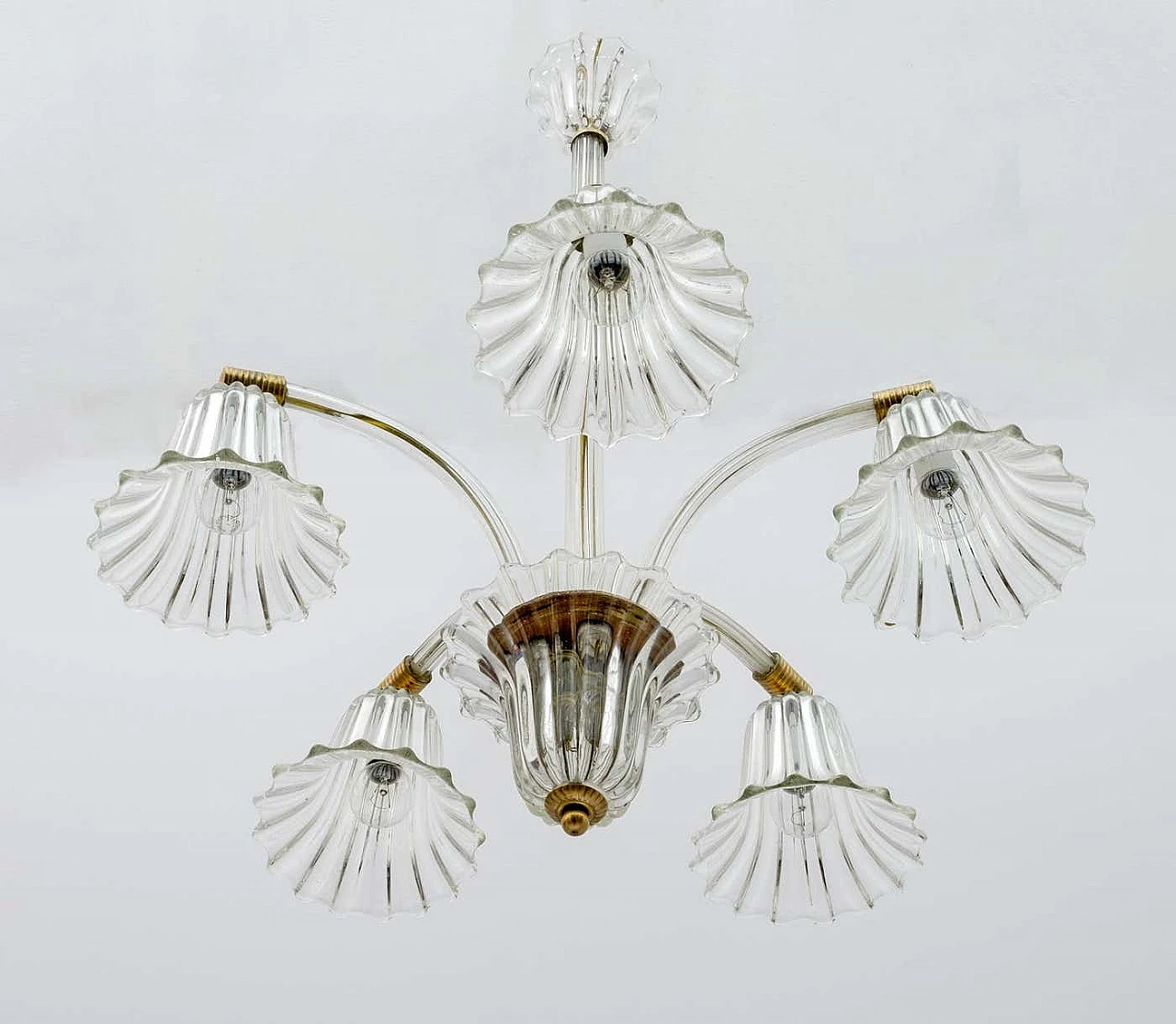 Lampadario Art Deco in vetro di Murano e ottone di Ercole Barovier, anni '40 7