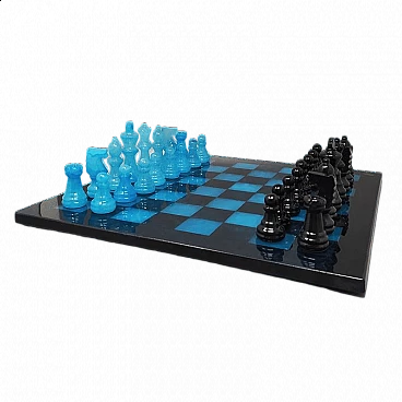 Chess in handmade blue and black Volterra alabaster, 1970s