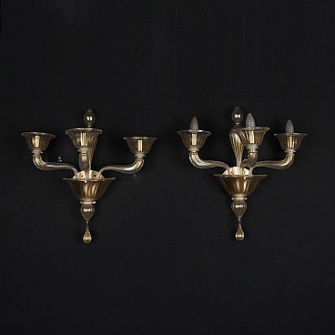 Coppia di applique a tre luci in ottone e vetro dorato di La Murrina