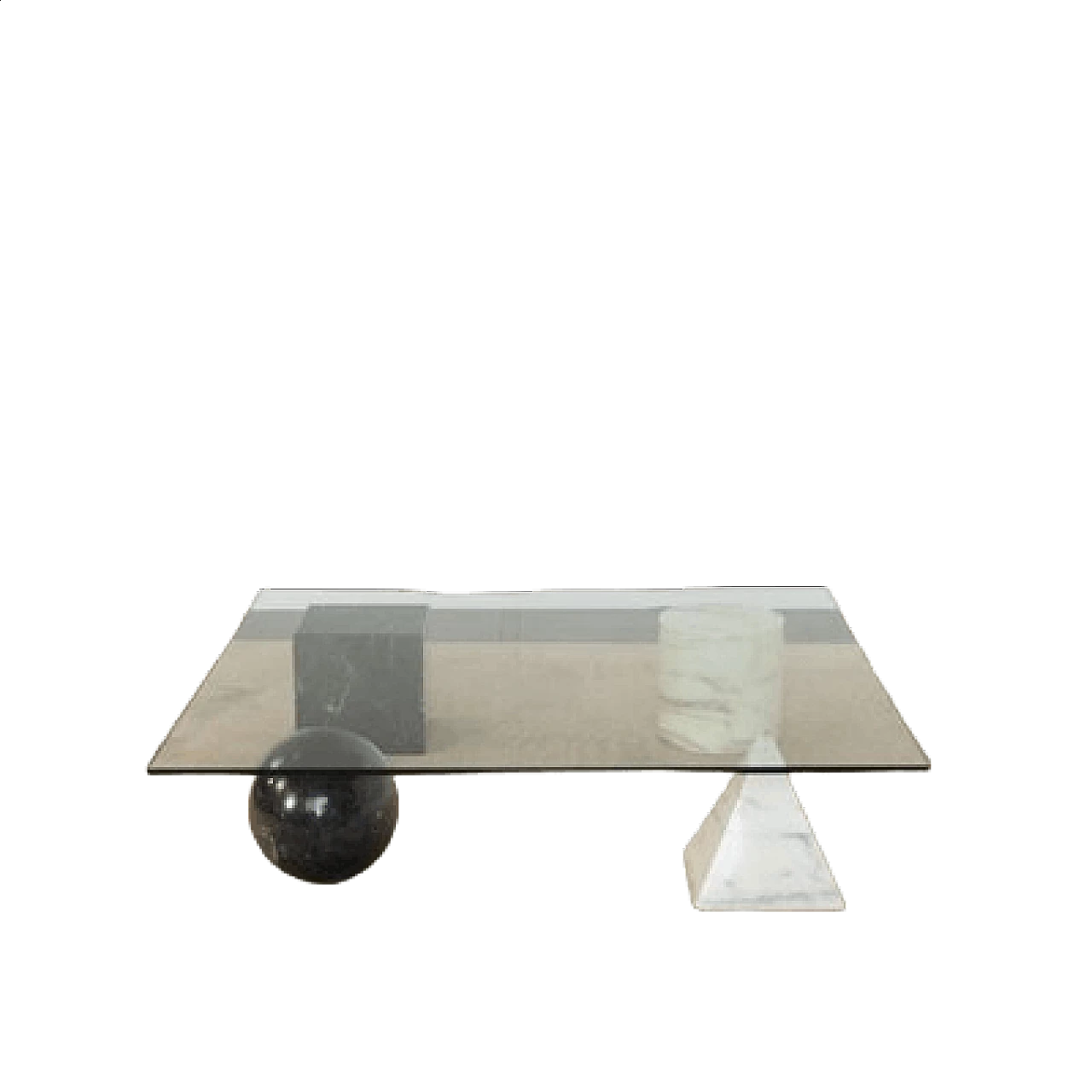 Tavolino Metafora in vetro con piedi a forme geometrica in marmo di Carrara di Casigliani per Gianni Vignelli, anni '80 9