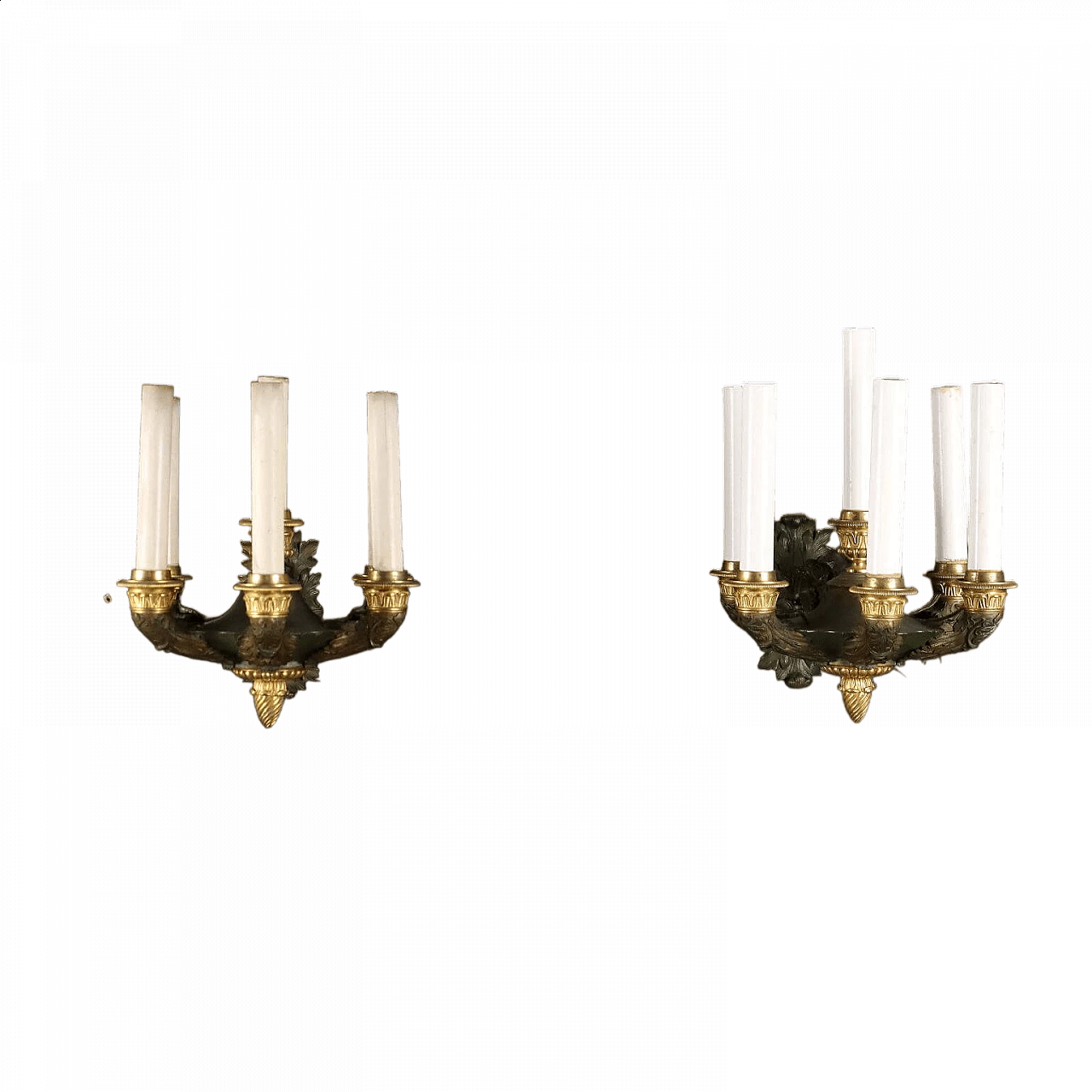 Coppia di applique stile Impero in bronzo brunito e dorato, inizio '900 8