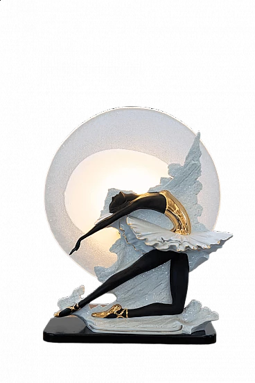 Lampada da tavolo in vetro e porcellana con ballerina di Carpiè, anni '70