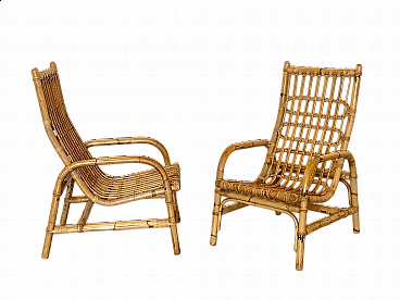 Pair of bamboo and wicker armchairs, 1970s