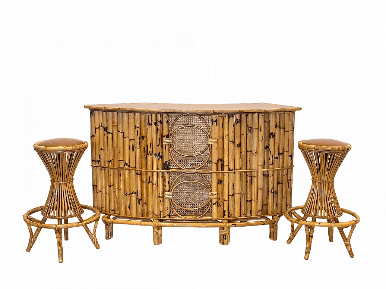 Reed and bamboo bar cabinet and pair of stools, 1970s 17