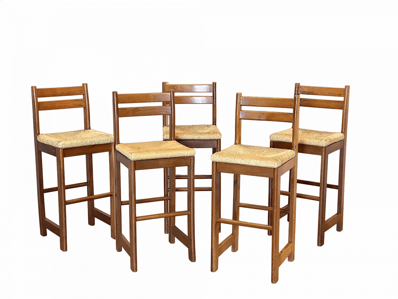 5 Sgabelli da bar in faggio e paglia, anni '80 13