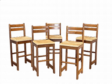 5 Bar stools in beech and straw, 1980s