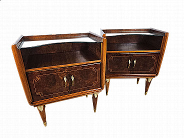 Pair of walnut and maple bedside tables with glass shelf, 1950s