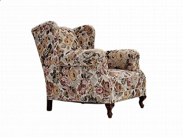 Danish floral fabric armchair with ash legs, 1950s